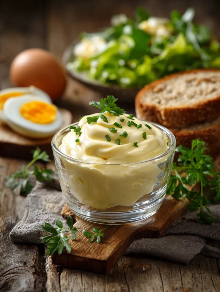 Served dish of creamy homemade egg mayonnaise - Receita de Maionese com Ovo Cozido e Creme de Leite
