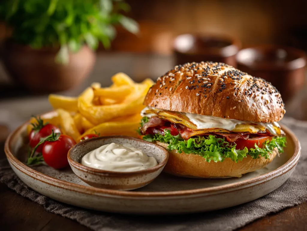 Servindo maionese caseira com lanche e batata