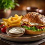 Servindo maionese caseira com lanche e batata