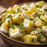 Salada de batata com ovo servida no prato FI