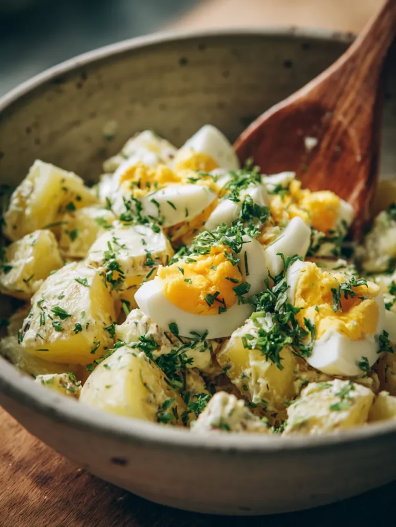 Salada de batata com ovo servida no prato