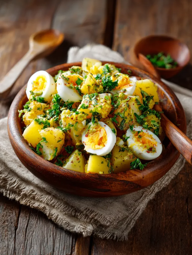 Salada de batata com ovo servida em tigela rústica