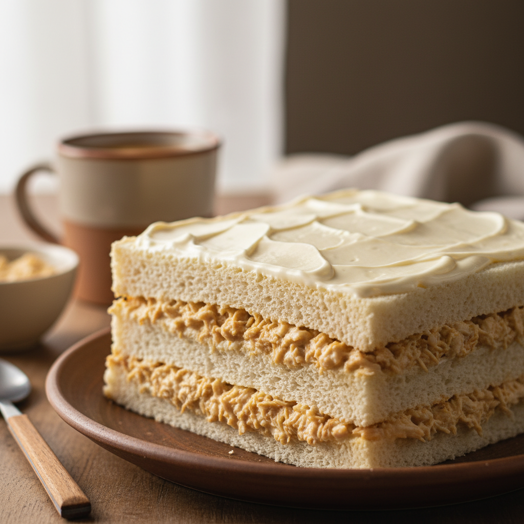 Bolo salgado de frango - macro close-up shot - camadas de pão branco com recheio cremoso e borda crocante com batata palha