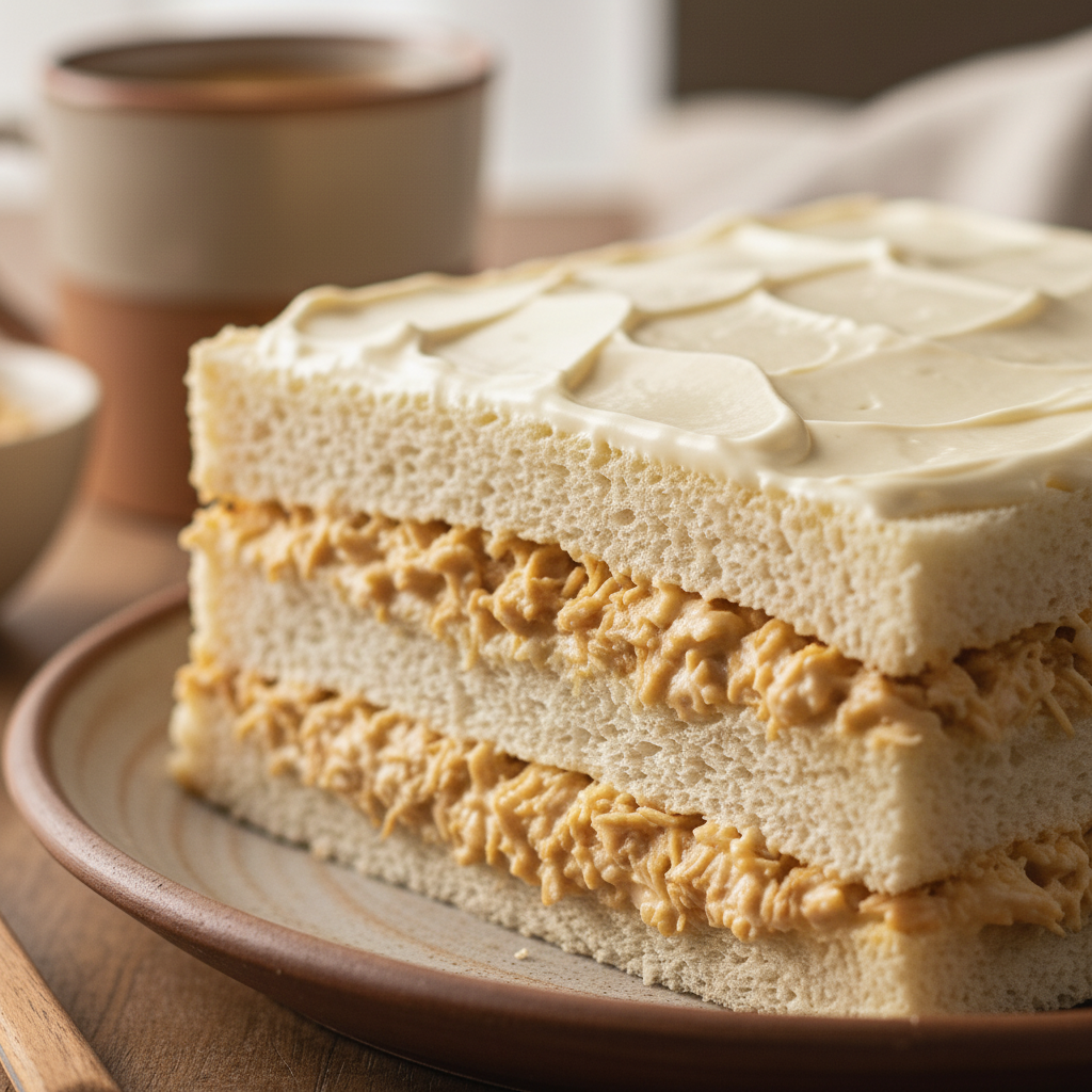 Bolo salgado de frango - macro detail shot - textura real: camadas macias, creme, borda crocante com batata palha