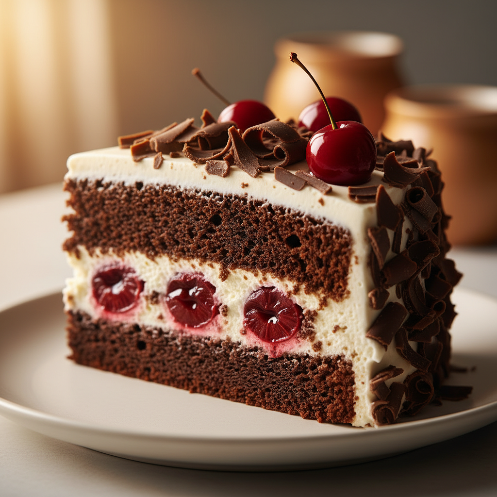 Floresta negra bolo - macro close-up - camada macia de chocolate com creme e cerejas