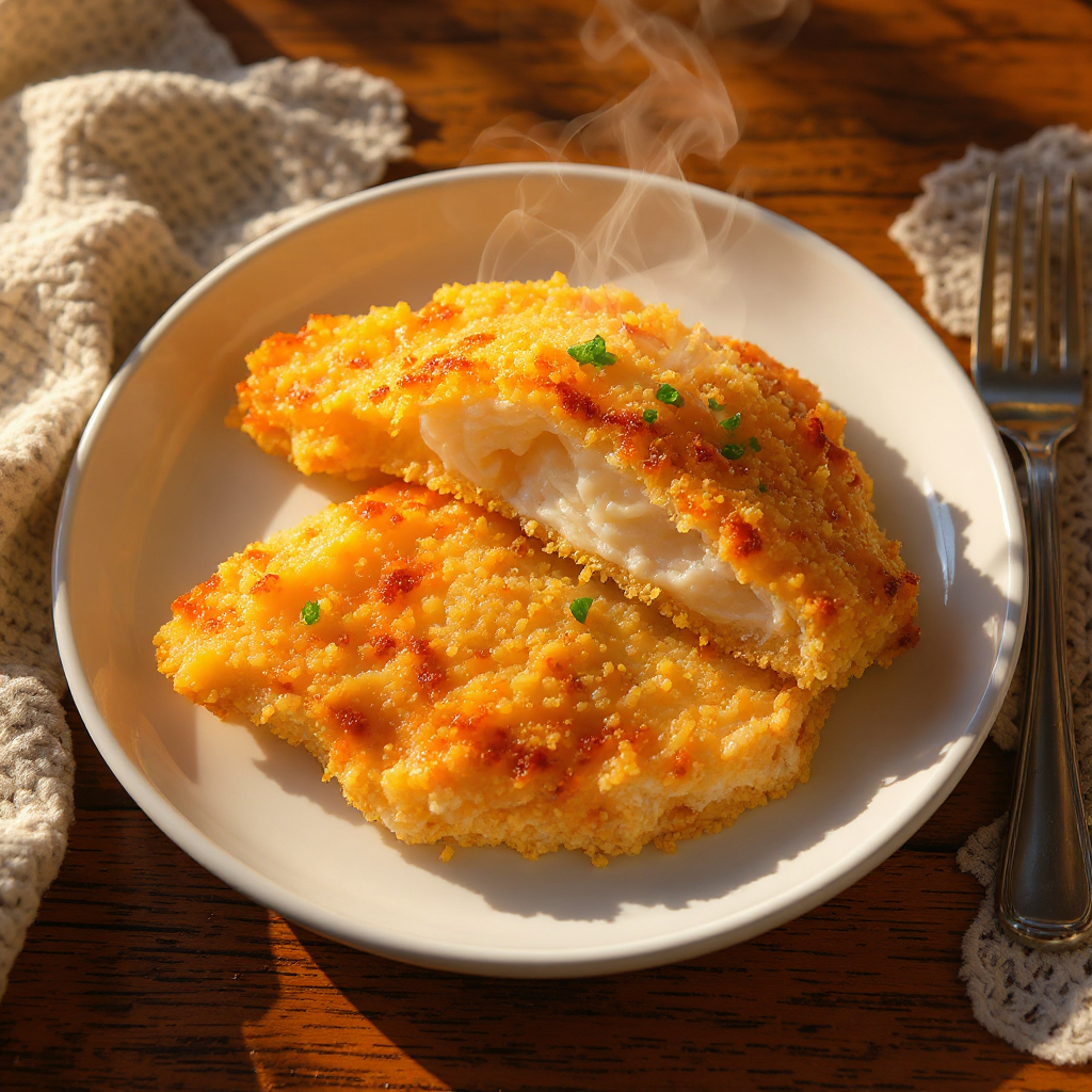 Receita de frango empanado com farinha de trigo e ovo - vista superior com crosta crocante