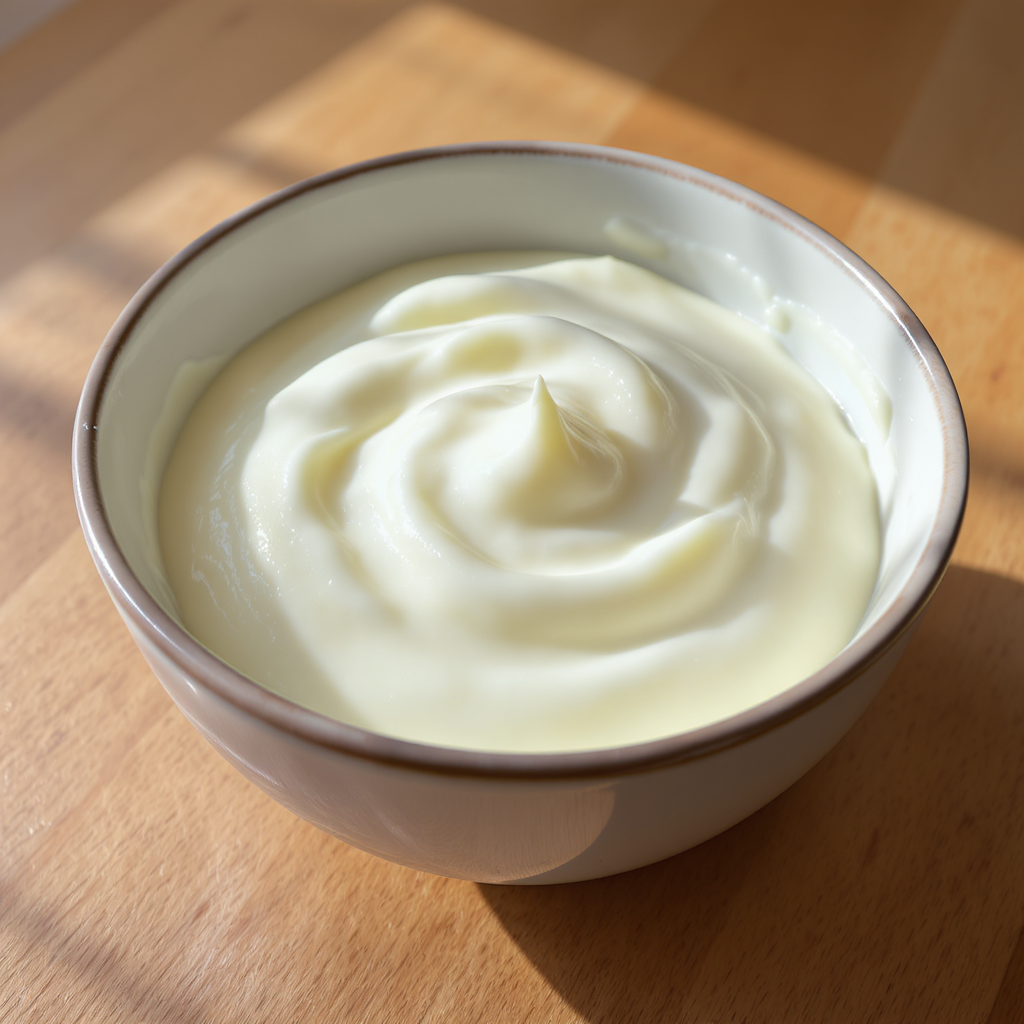 Receita de maionese com ovo cozido e creme de leite - emulsão cremosa ivory na tigela de cerâmica sobre madeira