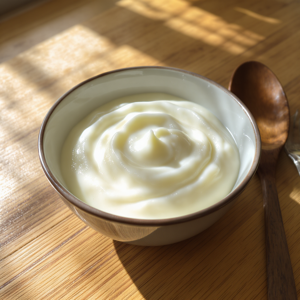 Receita de maionese com ovo cozido e creme de leite - vista ampla da maionese em tigela sobre bancada