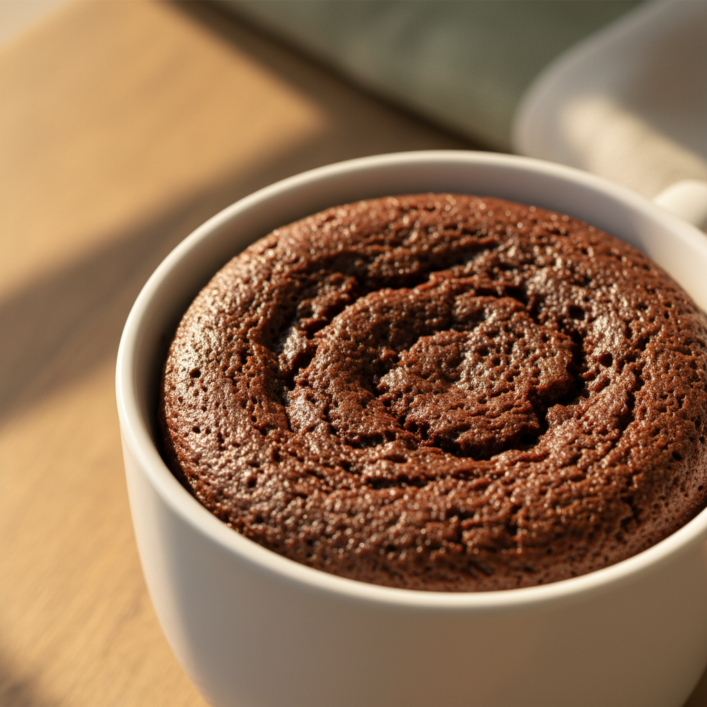 Bolo de caneca de chocolate - close-up convidativo com textura úmida e fofa.