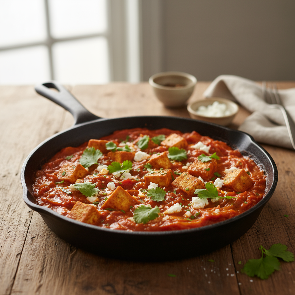 Vegan shakshuka - close-up 45° do mesmo conjunto, tofu firme sobre o molho espesso com crocância sutil.