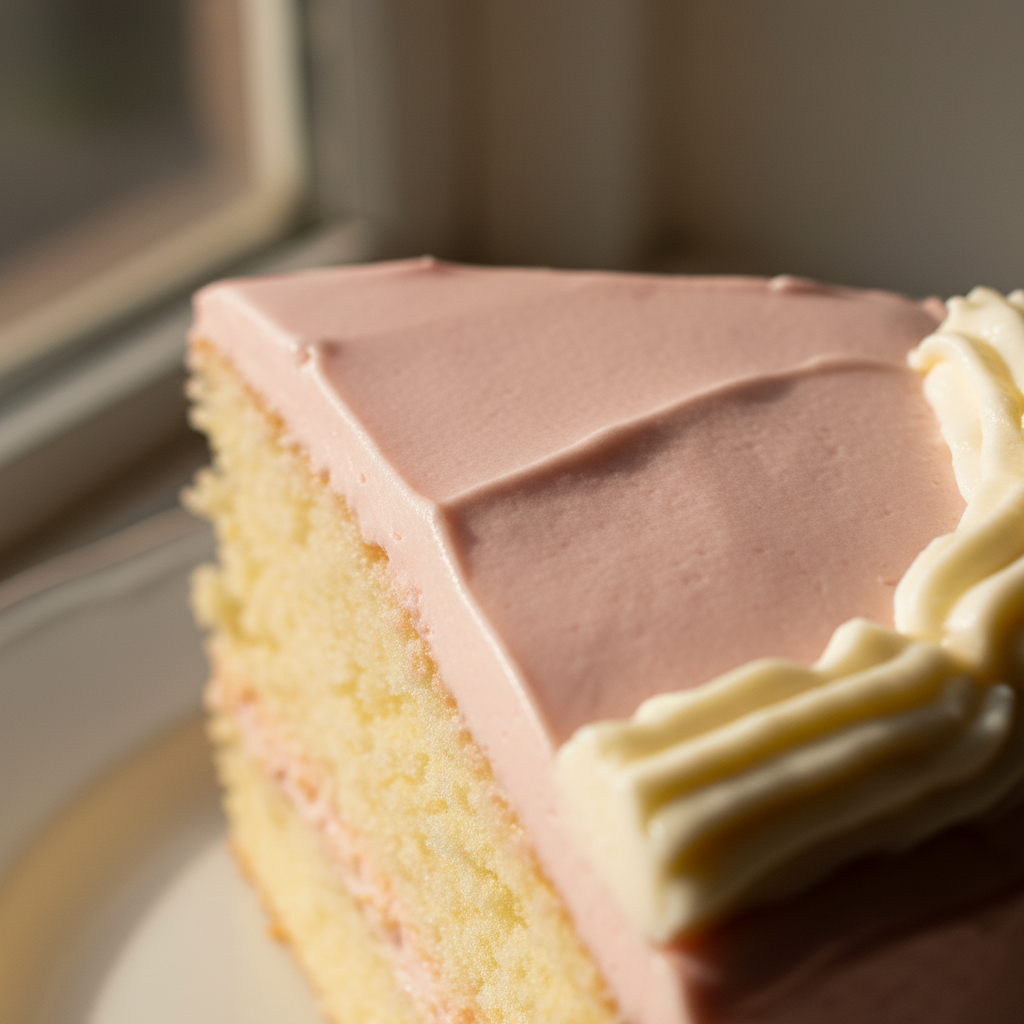 Bolo de Aniversário Feminino - macro de cobertura rosa e detalhes da fatia