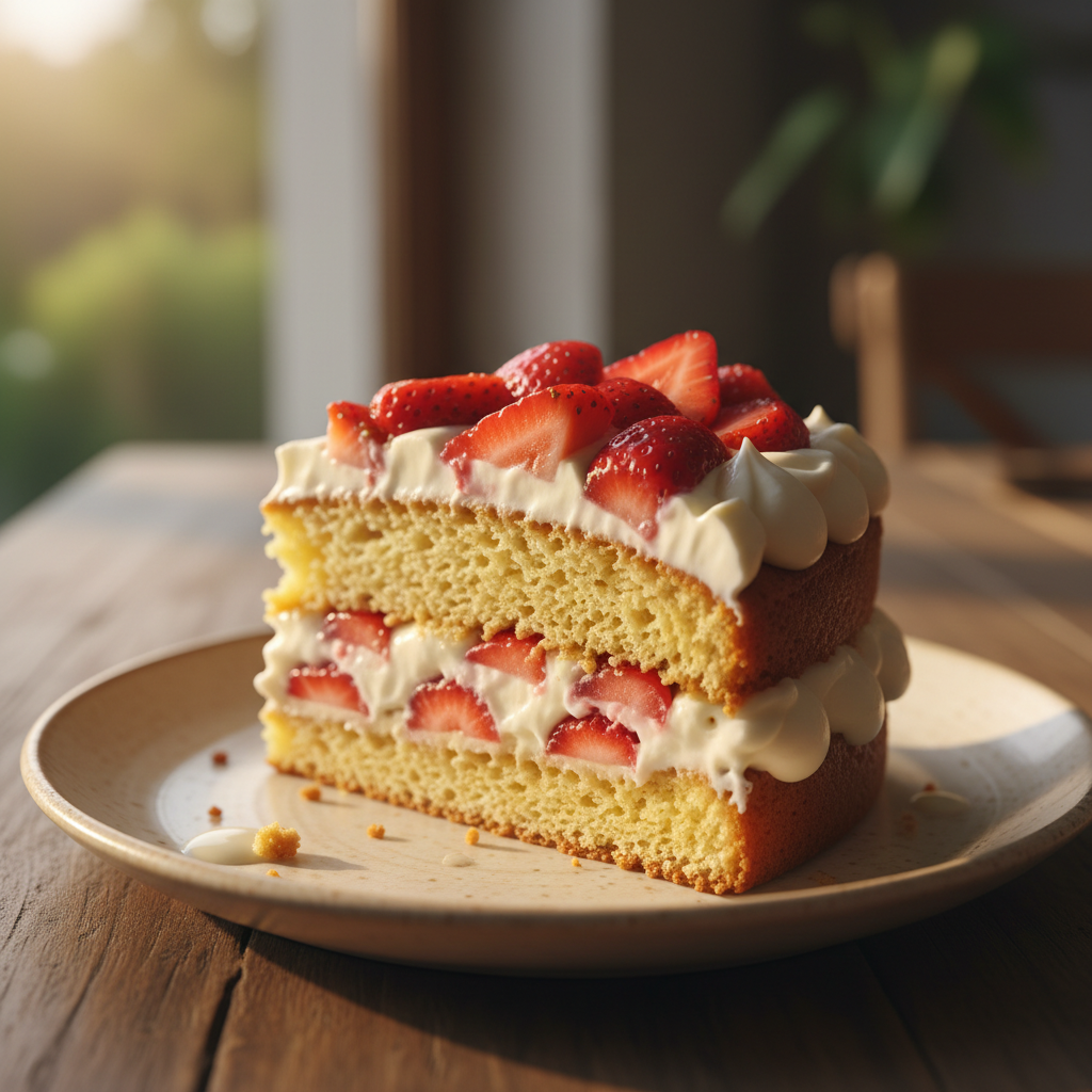 Bolo de Aniversário Simples - close-up convidativo de fatia de bolo de morango