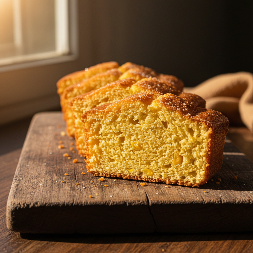 Bolo de Milho de Lata - close-up - fatias de bolo cremoso e dourado, com textura úmida e apetitosa. Perfeito para o café da t