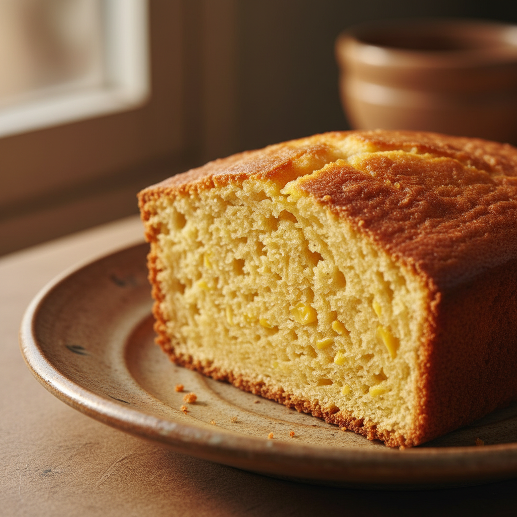 Bolo de Milho - close-up convidativo - fatia dourada e macia pronta para ser degustada