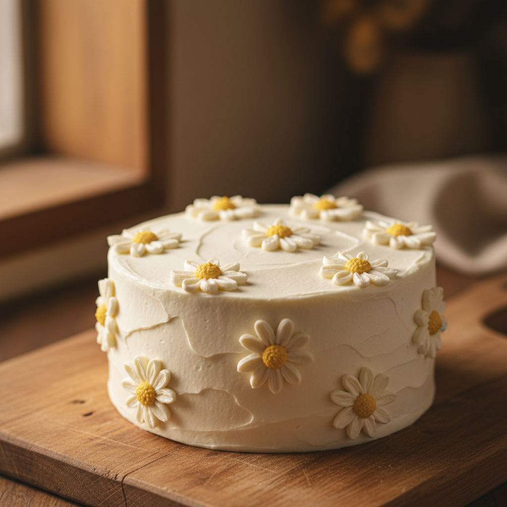 Bento Cake de Margarida - close-up apetitoso de bolo com cobertura floral branca