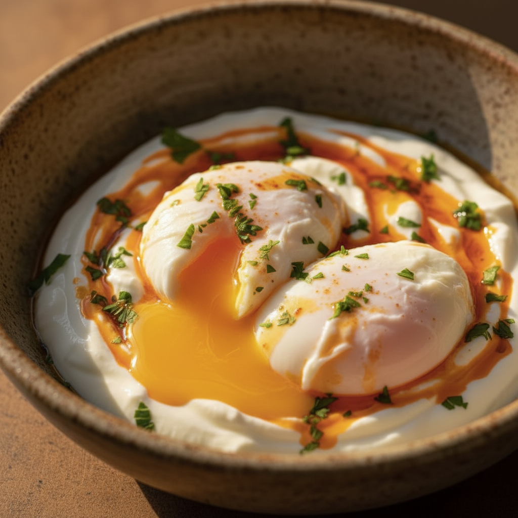 OVOS TURCOS - macro textura close-up - gema mole sobre iogurte